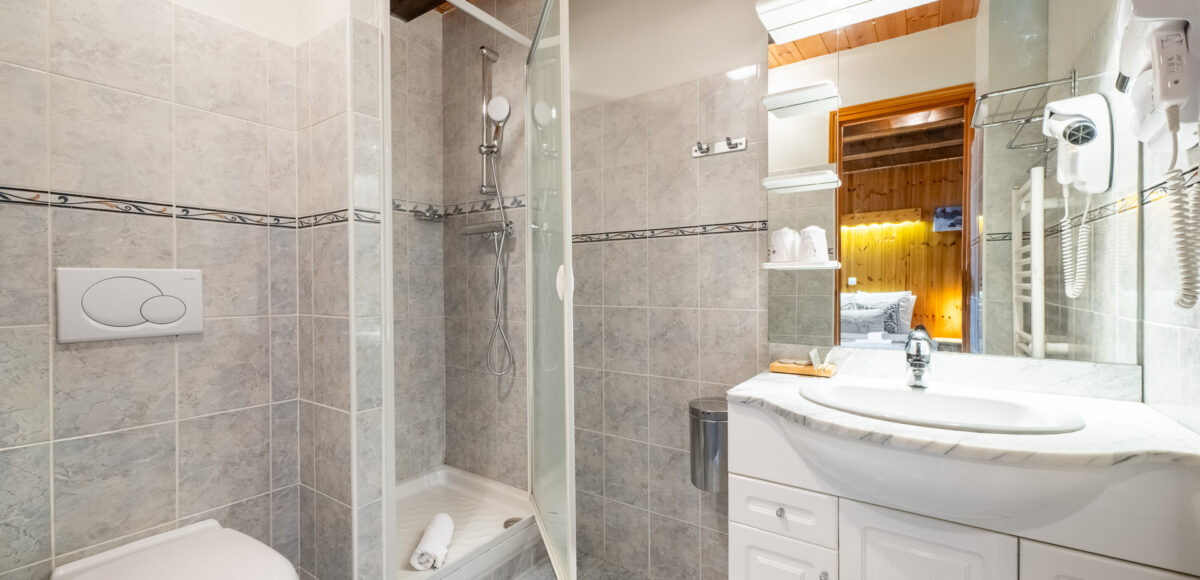 Salle de bain avec douche vitrée, vasque blanche et miroir reflétant la chambre en bois