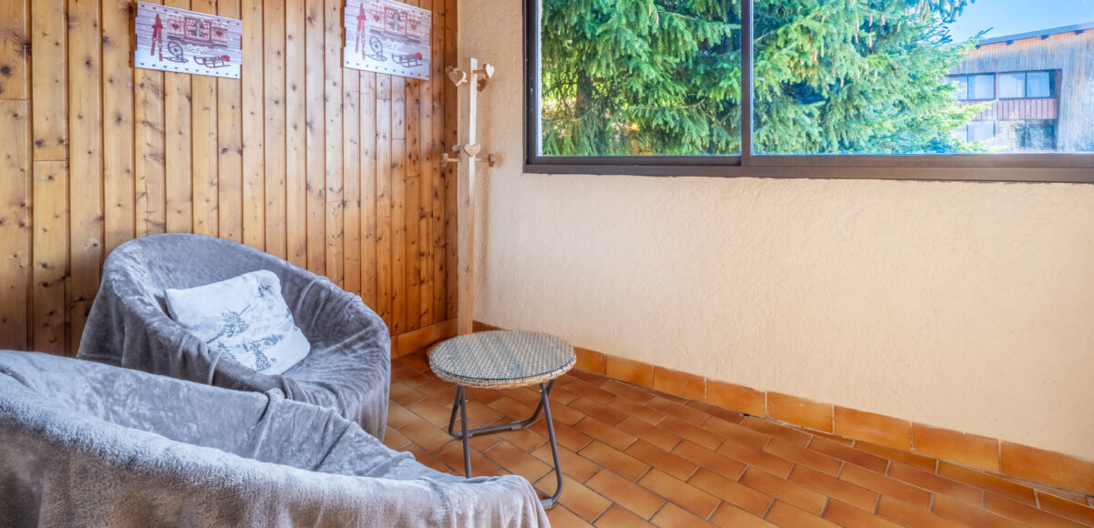 Coin salon avec fauteuils gris et vue sur les sapins depuis la fenêtre