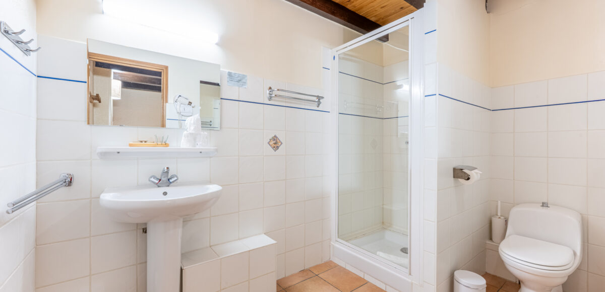 Salle de bain avec douche à l'italienne vitrée, vasque sur pied et toilettes séparées